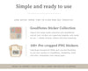 Promotional graphic for a digital sticker collection for GoodNotes, Notability, Xodo, and other digital note-taking apps. The graphic features a clean white background with dark gray text and two small illustrative icons: one showing a pastel-colored GoodNotes interface with a star, calendar, and pen, and another showing a stack of sticker sheets with 'PNG' written on them.