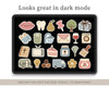 A digital preview of a planner or journal sticker sheet displayed on a tablet screen, with the text 'Looks great in dark mode' above and 'DESIGNED FOR LIGHT AND DARK JOURNAL / PLANNER PAGES' below. The stickers include icons like lips, a tooth, a pear, a tree, a gift box, socks, a candle, a rain cap, an envelope, a wine glass, a camera, a book with a cross, a TV, a cake, a flower, a truck, and a jar, shown in a light pastel color scheme on a black background.