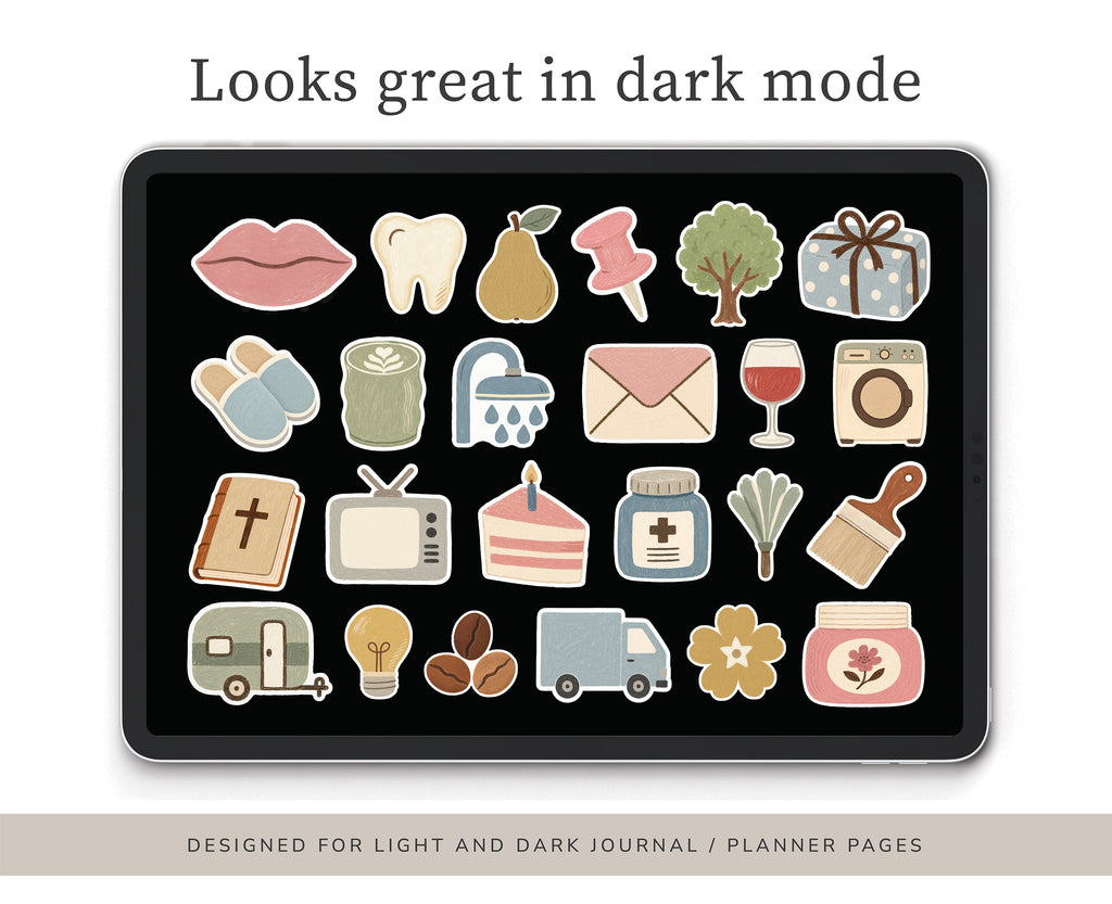 A digital preview of a planner or journal sticker sheet displayed on a tablet screen, with the text 'Looks great in dark mode' above and 'DESIGNED FOR LIGHT AND DARK JOURNAL / PLANNER PAGES' below. The stickers include icons like lips, a tooth, a pear, a tree, a gift box, socks, a candle, a rain cap, an envelope, a wine glass, a camera, a book with a cross, a TV, a cake, a flower, a truck, and a jar, shown in a light pastel color scheme on a black background.