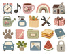 A collection of cute, hand-drawn style vector icons arranged in a grid on a white background. The icons include a pink floral mug, a rainbow, a small house, a watering can, a spray bottle, a shopping bag, a wrench, a gift box, a notebook, a sandwich, a book, a car, a plant, a watermelon slice, a paw print, and a lock, all in a soft pastel color palette.