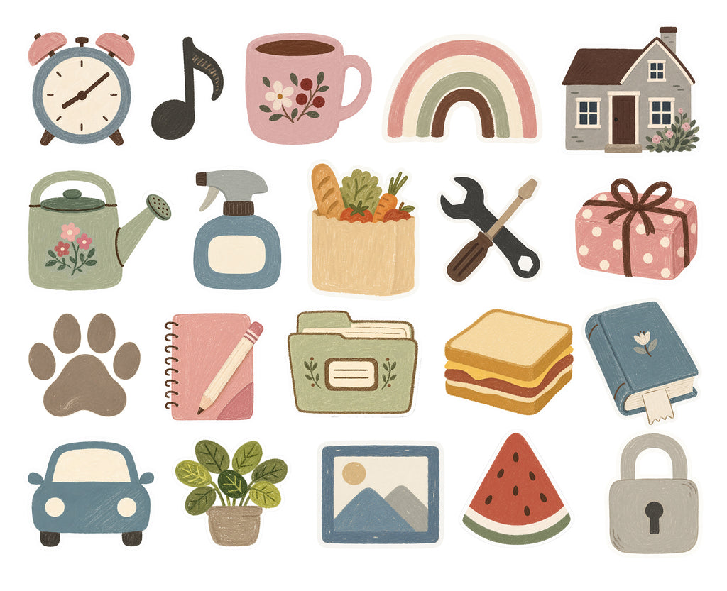 A collection of cute, hand-drawn style vector icons arranged in a grid on a white background. The icons include a pink floral mug, a rainbow, a small house, a watering can, a spray bottle, a shopping bag, a wrench, a gift box, a notebook, a sandwich, a book, a car, a plant, a watermelon slice, a paw print, and a lock, all in a soft pastel color palette.