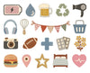 A collection of hand-drawn, minimalist vector icons on a solid white background, featuring various everyday objects and symbols like a battery, water droplet, beer mug, recycling symbol, hair dryer, headphones, whisk, bunting, basket, camera, football, pill bottles, flowers, bed, and heart monitor.