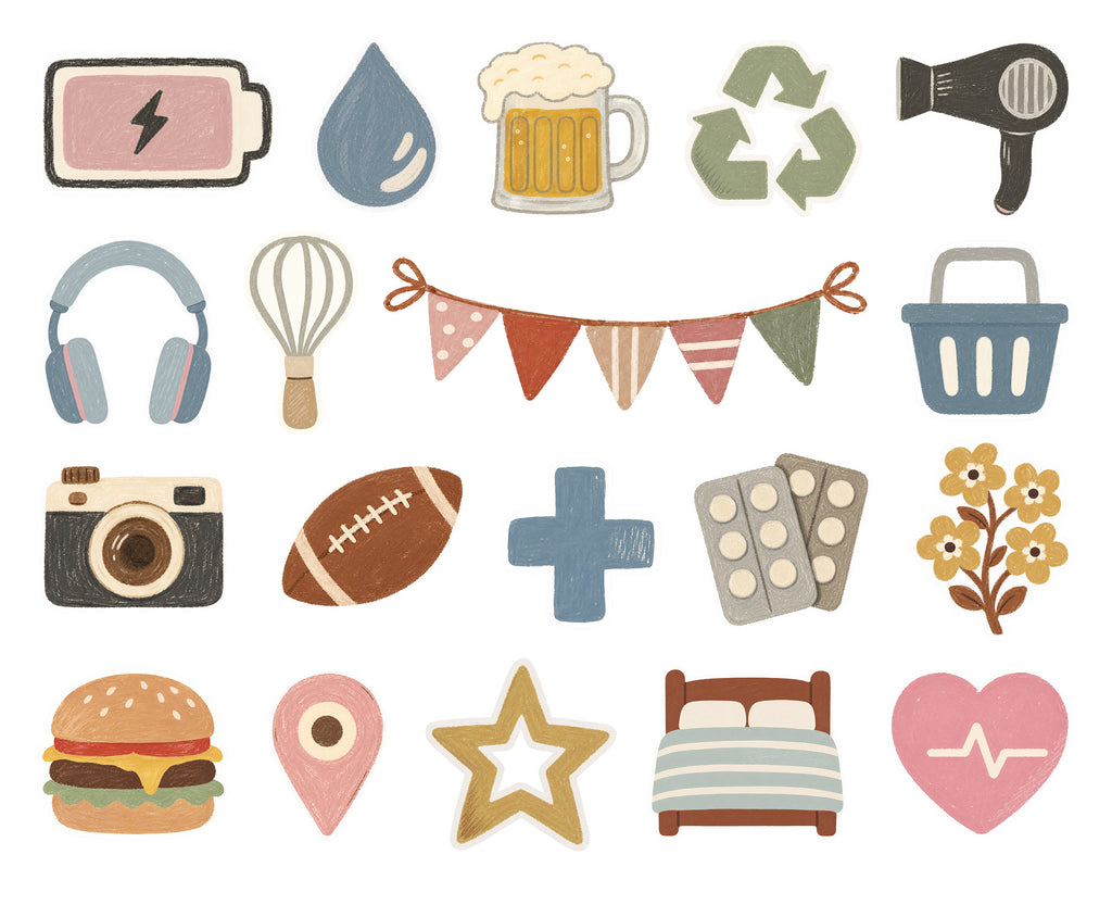 A collection of hand-drawn, minimalist vector icons on a solid white background, featuring various everyday objects and symbols like a battery, water droplet, beer mug, recycling symbol, hair dryer, headphones, whisk, bunting, basket, camera, football, pill bottles, flowers, bed, and heart monitor.