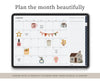 A tablet device displaying a monthly planner page with cute illustrations and text, under the heading 'Plan the month beautifully.' A beige banner at the bottom reads 'Shown with a monthly planner page from Gainful Planners.