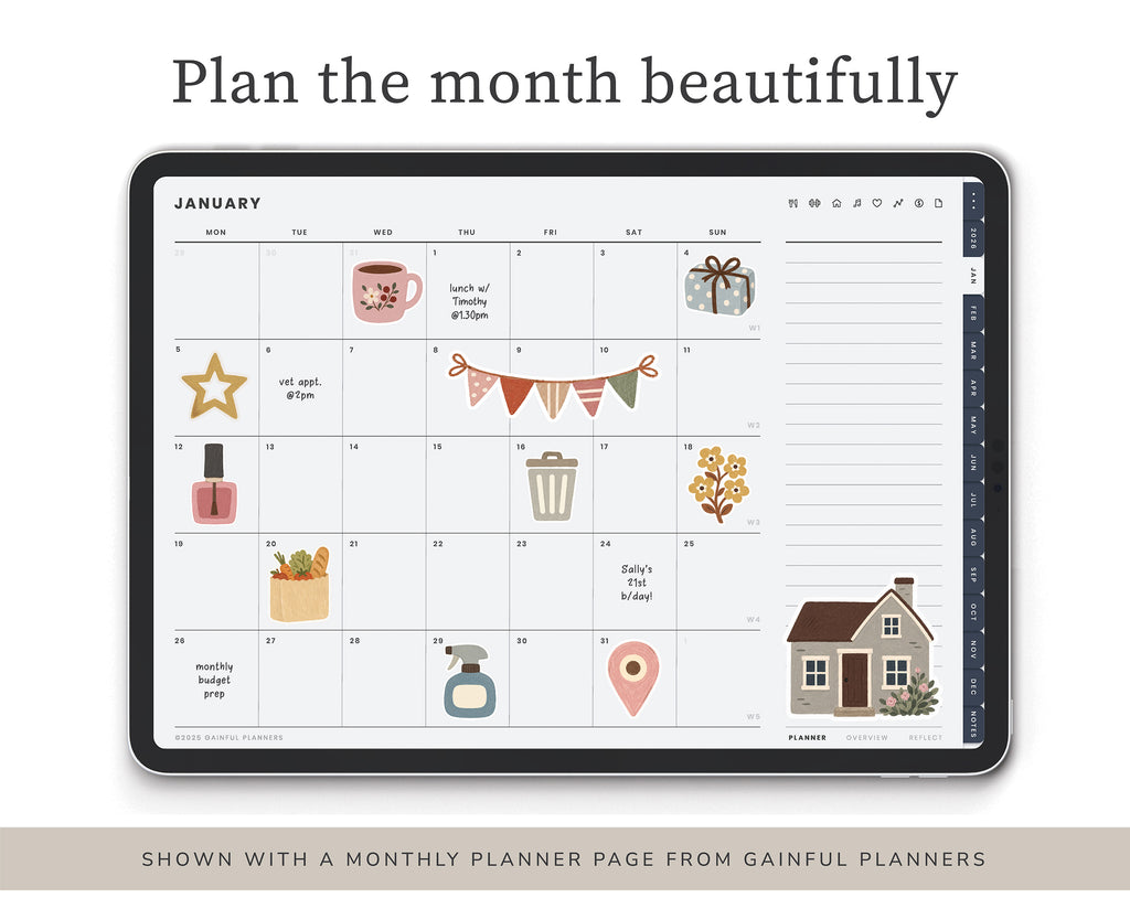 A tablet device displaying a monthly planner page with cute illustrations and text, under the heading 'Plan the month beautifully.' A beige banner at the bottom reads 'Shown with a monthly planner page from Gainful Planners.