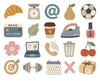 A collection of cute, minimalist vector icons and illustrations on a white background, featuring everyday objects like a croissant, coffee cup, iron, laptop, and calendar in a soft pastel color palette.