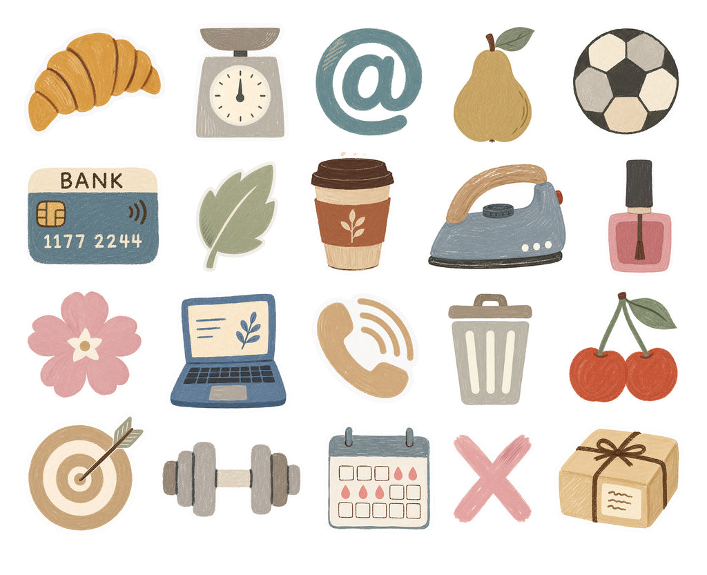 A collection of cute, minimalist vector icons and illustrations on a white background, featuring everyday objects like a croissant, coffee cup, iron, laptop, and calendar in a soft pastel color palette.