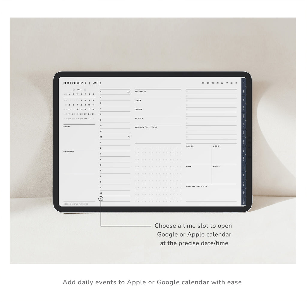 Calendar app interface on a tablet with a minimalistic design