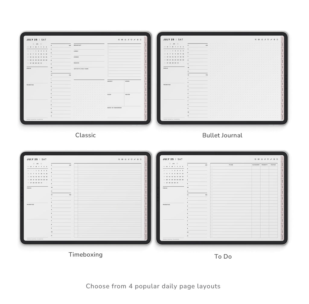 Four different daily planner layouts labeled 'Classic', 'Bullet Journal', 'Timeboxing', and 'To Do' on a white background.