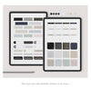 Two tablets displaying color swatches and design elements on a light gray background.