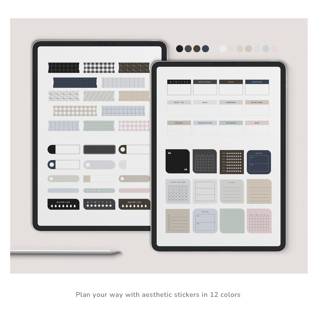 Two tablets displaying color swatches and design elements on a light gray background.