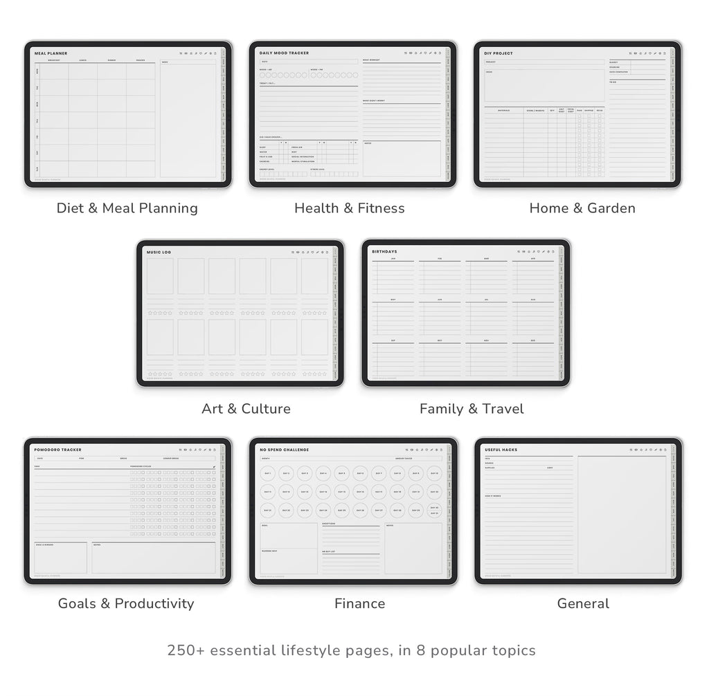 Collection of 8 planner pages for various life categories on a white background.