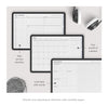 Three planner sheets displayed on a white surface with text indicating features.