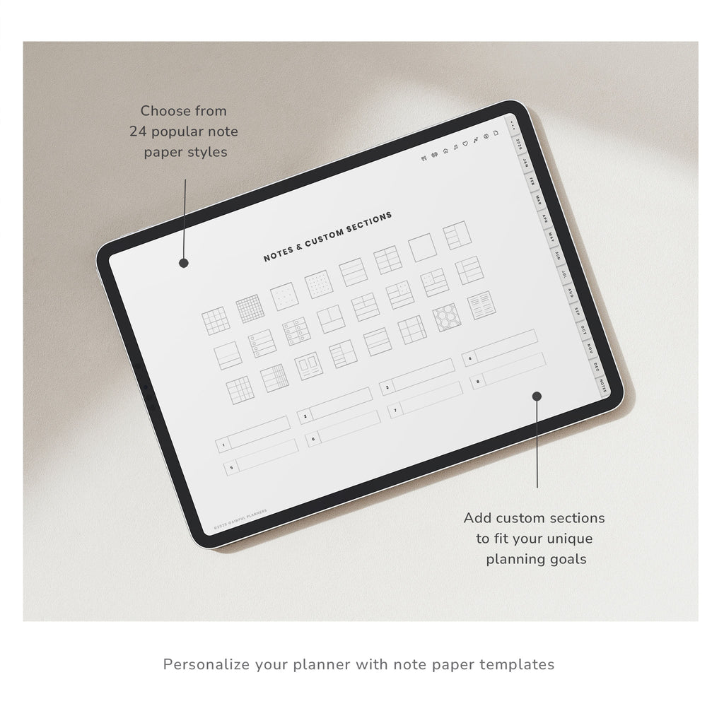 Note paper template with customizable sections on a light surface