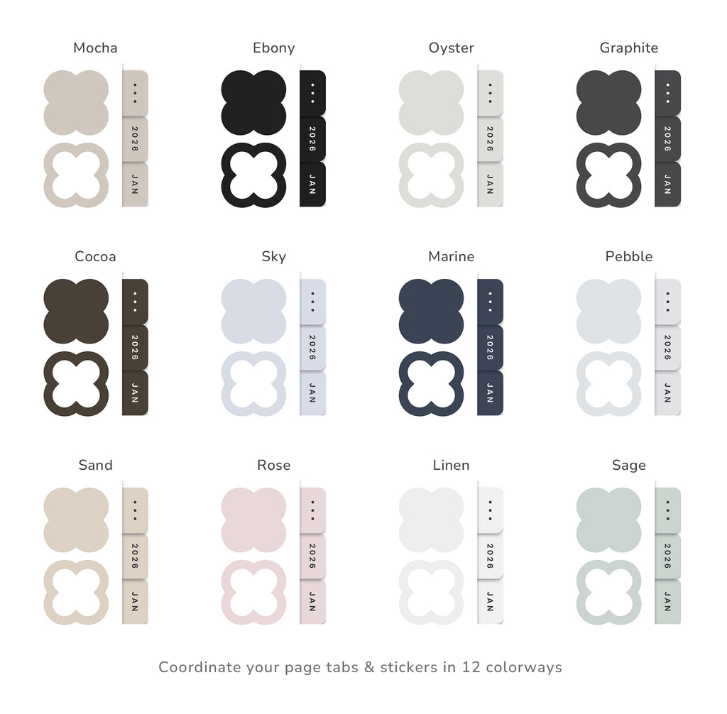 Color swatches for page tabs and stickers with various names and designs.