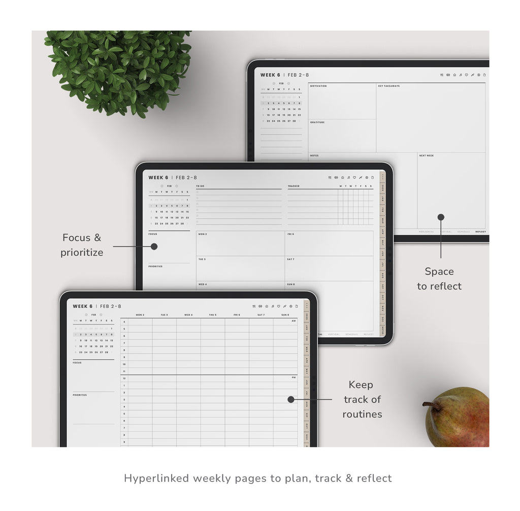 Set of planner sheets with text labels on a white surface with a plant and fruit.