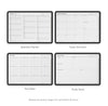 Four planner pages showing quarterly planner, yearly overview, key dates, and yearly goals on a white background.