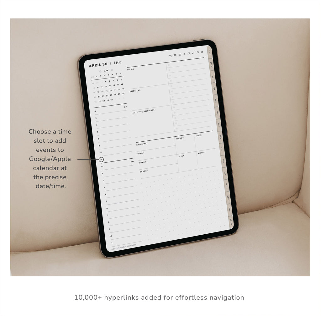 Digital calendar app on a tablet screen displayed on a light-colored surface.