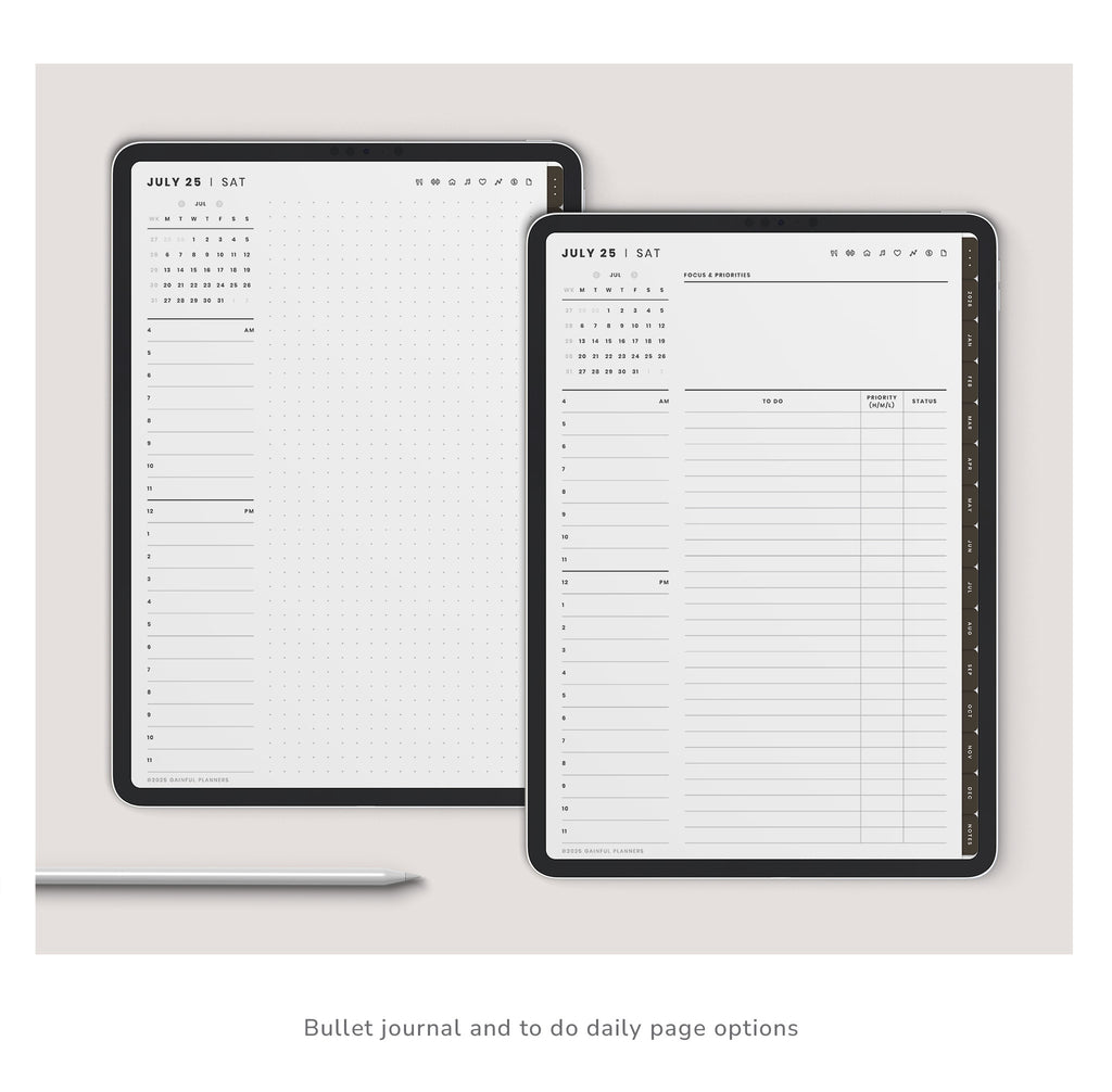 Two planner pages with bullet journal and to-do list options on a light gray background.