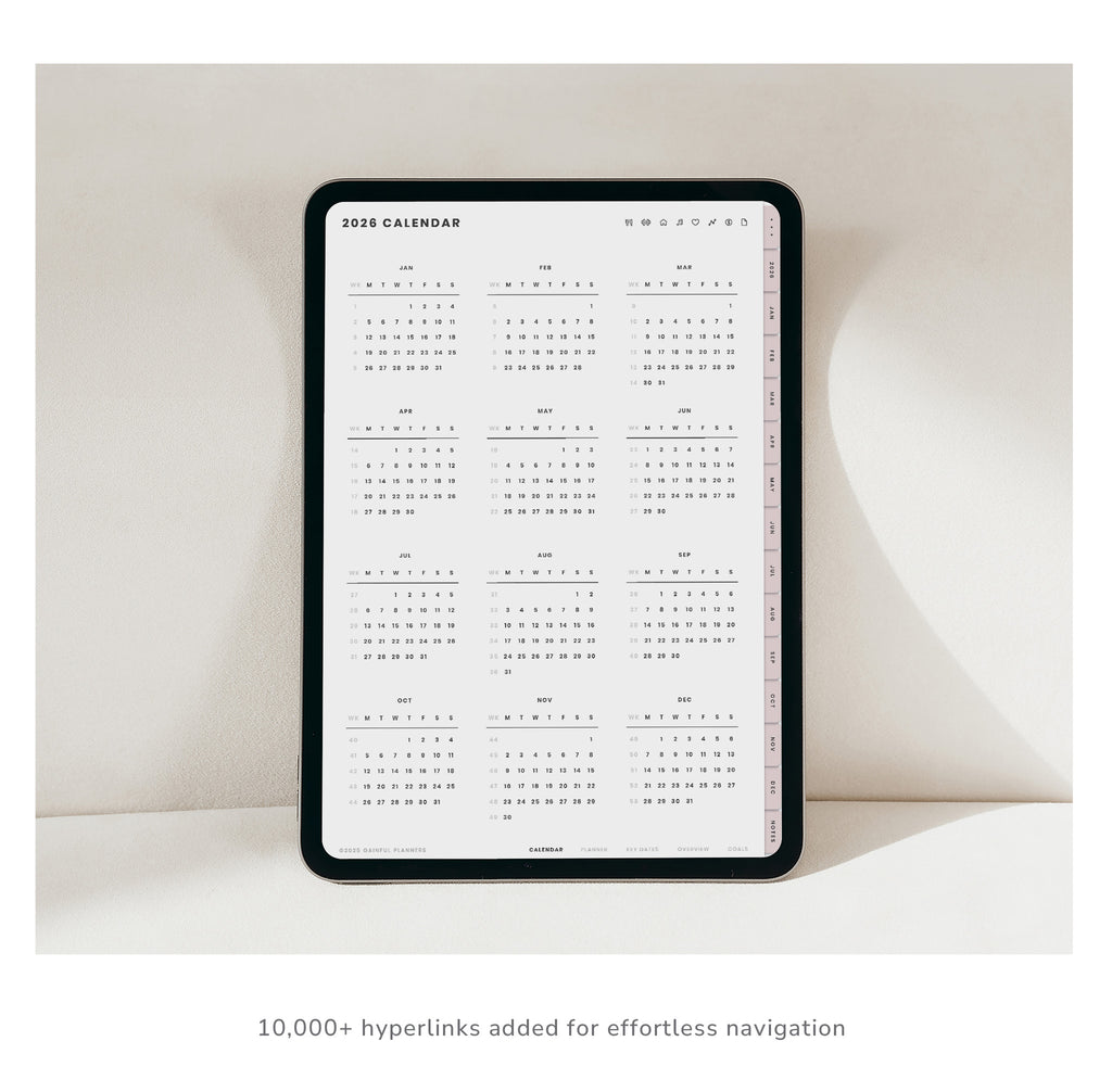 Digital calendar displayed on a tablet with a minimalistic design.