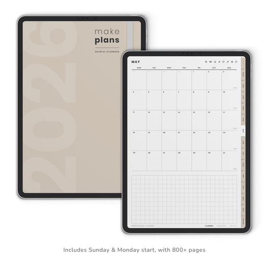 Two digital planners with a beige cover and monthly calendar layout on a white background.