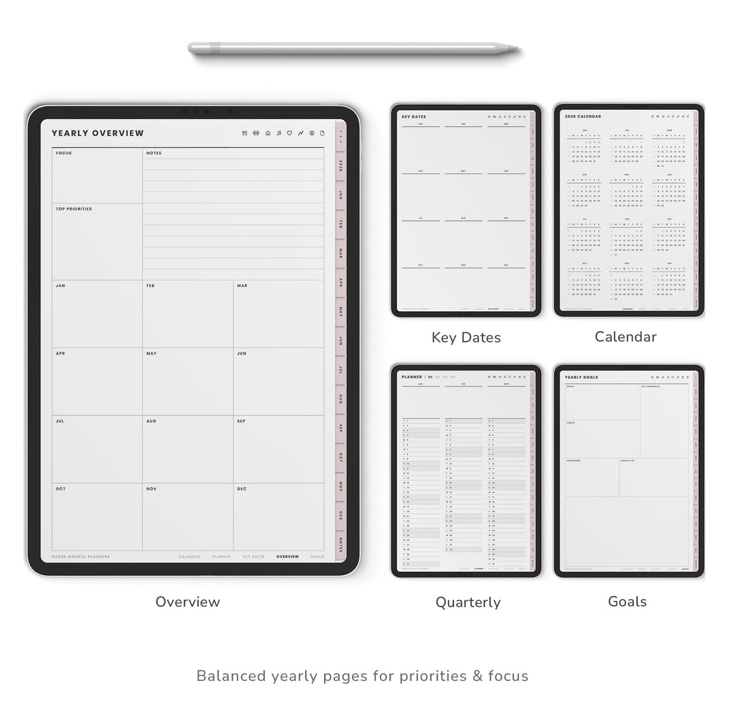 Set of planner pages with different yearly views on a white background