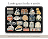 A digital preview of a sticker sheet or planner insert featuring illustrated nautical and coastal motifs on a black background, with the text 'Looks great in dark mode' above and 'DESIGNED FOR LIGHT AND DARK JOURNAL / PLANNER PAGES' below.