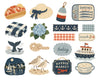 A collection of illustrated nautical and seaside-themed graphics on a white background, including a lobster hot dog, straw hat with blue ribbon, buoy, sardines tin, plaid scarf, blue hydrangea, anchor pattern, rope knot, whale tail, beach birds, harbor market sign, boat, moonlit seaside scene, and a bowl of clam chow.