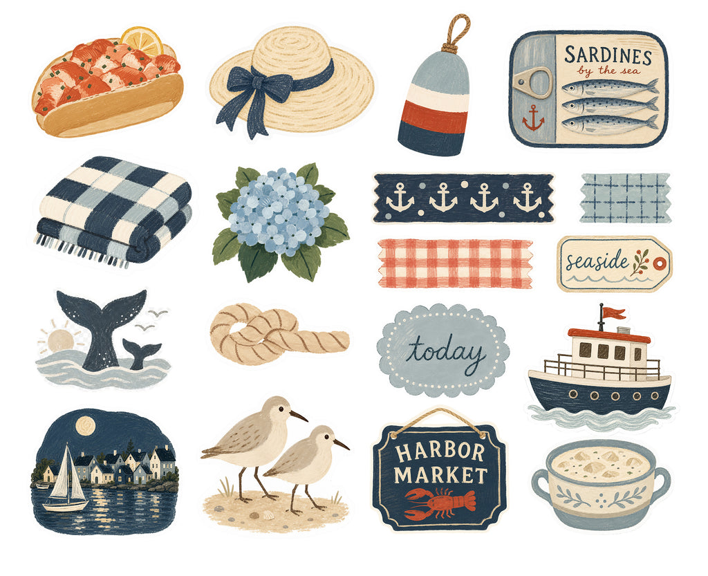 A collection of illustrated nautical and seaside-themed graphics on a white background, including a lobster hot dog, straw hat with blue ribbon, buoy, sardines tin, plaid scarf, blue hydrangea, anchor pattern, rope knot, whale tail, beach birds, harbor market sign, boat, moonlit seaside scene, and a bowl of clam chow.