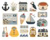 A collection of illustrated nautical and seaside-themed icons on a white background, including an anchor, house, puffin, pot of beans, ferry ticket, sailboat, ice cream cone, waves, bottles, jacket, lantern, and small house drawings.
