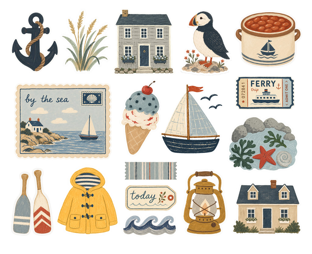 A collection of illustrated nautical and seaside-themed icons on a white background, including an anchor, house, puffin, pot of beans, ferry ticket, sailboat, ice cream cone, waves, bottles, jacket, lantern, and small house drawings.