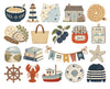 A collection of illustrated nautical and beach-themed icons on a white background, including a lighthouse, map, house, rope, bowl, starfish, books, lobster, boat, jar, and striped sweater.