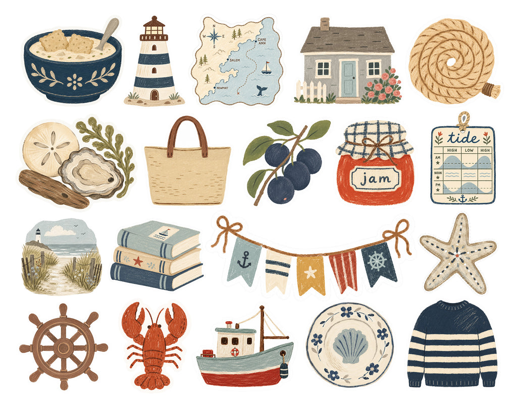A collection of illustrated nautical and beach-themed icons on a white background, including a lighthouse, map, house, rope, bowl, starfish, books, lobster, boat, jar, and striped sweater.