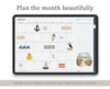 A digital monthly planner displayed on a tablet screen with the headline 'Plan the month beautifully' above it. The planner page features nautical-themed illustrations including an anchor, waves, a sailboat, a penguin, and a beach scene.