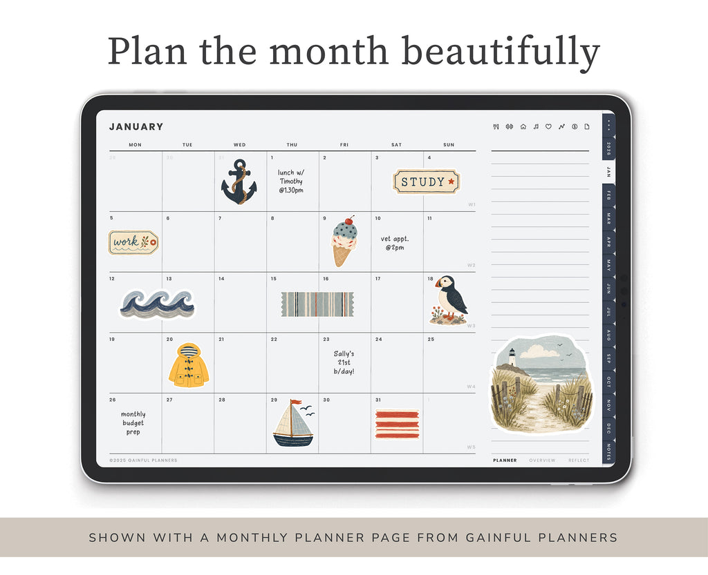 A digital monthly planner displayed on a tablet screen with the headline 'Plan the month beautifully' above it. The planner page features nautical-themed illustrations including an anchor, waves, a sailboat, a penguin, and a beach scene.