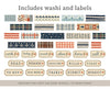 A sheet of decorative planner labels and washi tape designs with a nautical theme, including stripes, plaid, anchors, waves, stars, and labels such as 'work today', 'seaside', 'ideas', 'home', 'call', 'READ', 'ERRANDS', 'DEADLINE', 'BILLS', 'TODAY', 'TO BUY', 'THIS WEEK', 'TASKS', 'SUBMIT', and 'WORKOUT'.