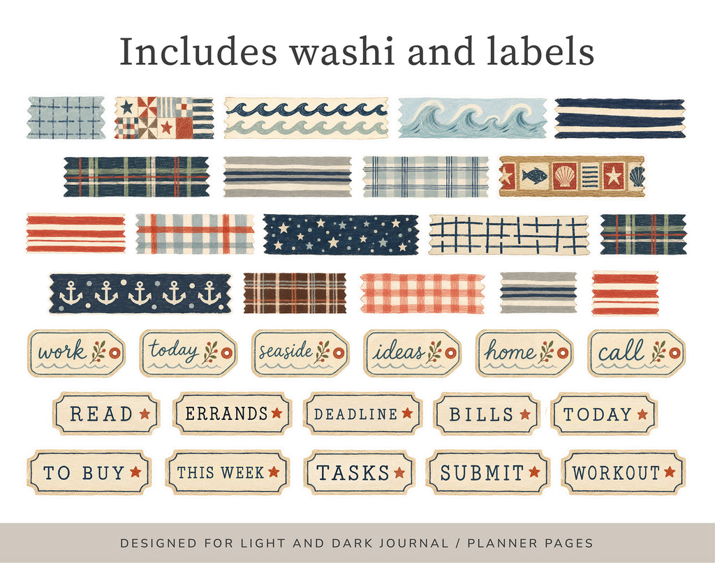 A sheet of decorative planner labels and washi tape designs with a nautical theme, including stripes, plaid, anchors, waves, stars, and labels such as 'work today', 'seaside', 'ideas', 'home', 'call', 'READ', 'ERRANDS', 'DEADLINE', 'BILLS', 'TODAY', 'TO BUY', 'THIS WEEK', 'TASKS', 'SUBMIT', and 'WORKOUT'.