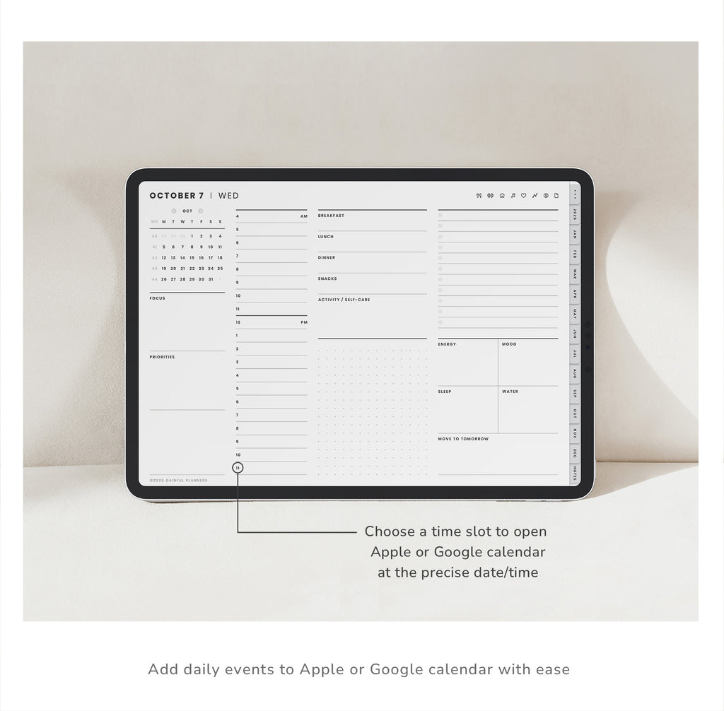 Digital calendar app interface on a tablet screen with a minimalistic design.