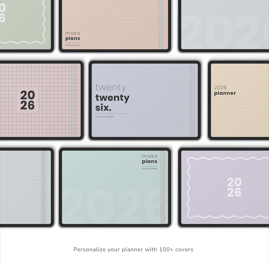 Collection of 2026 planners in various colors and designs on a white background.