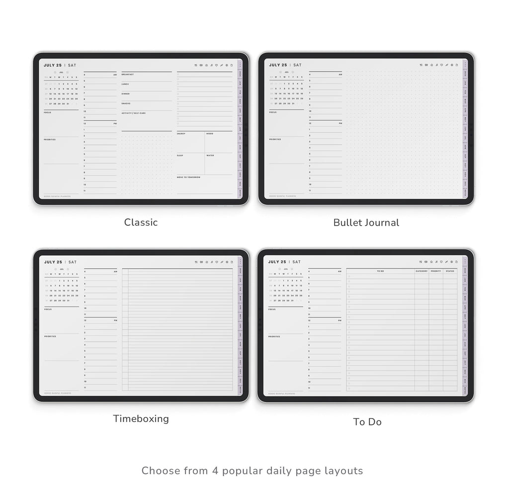 Four different daily page layouts of a planner on a white background.