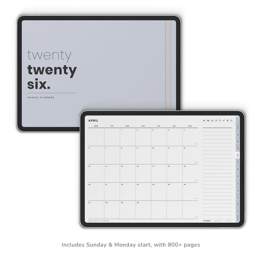 Two views of a planner with 'twenty twenty six.' title on a white background.