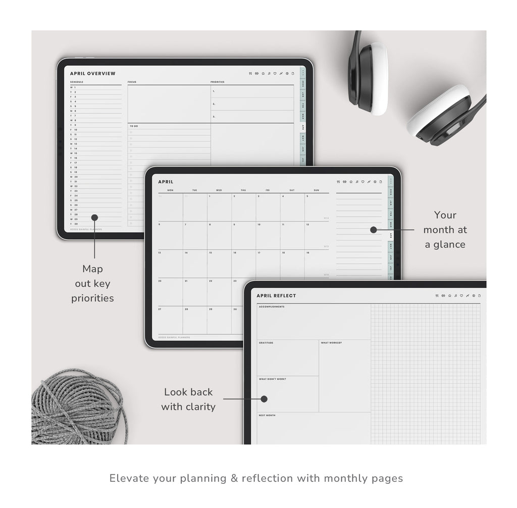 Three planner sheets displayed on a white surface with text indicating features.