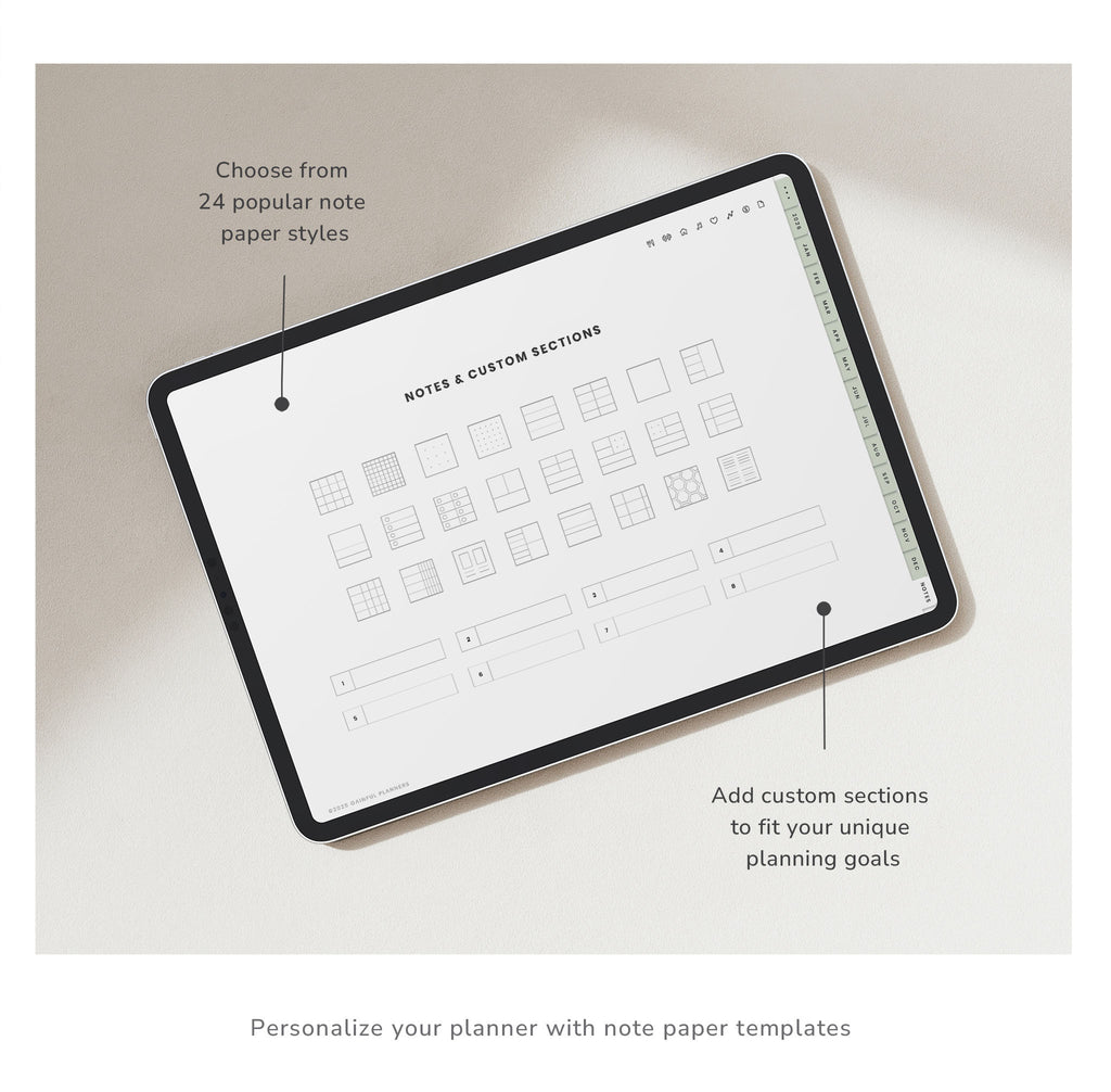 Note paper template with customizable sections on a tablet screen