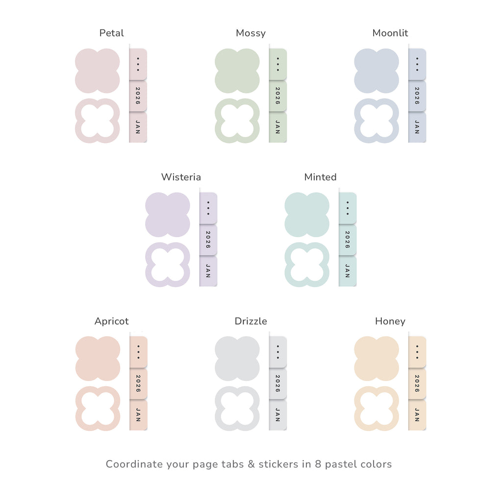 Set of page tabs and stickers in various pastel colors on a white background