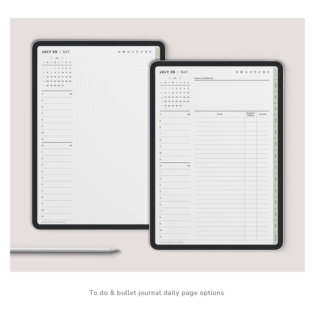 Two planner pages with daily to-do and bullet journal options on a light gray background.