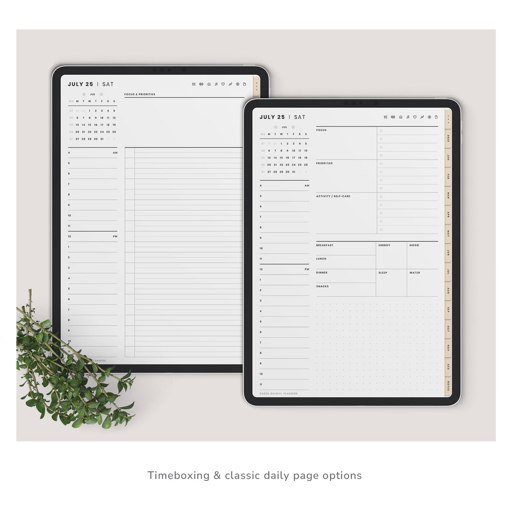 Two daily planner pages with timeboxing and classic daily options on a light surface.