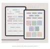 Two tablets displaying digital planner stickers with various designs on a light gray background.