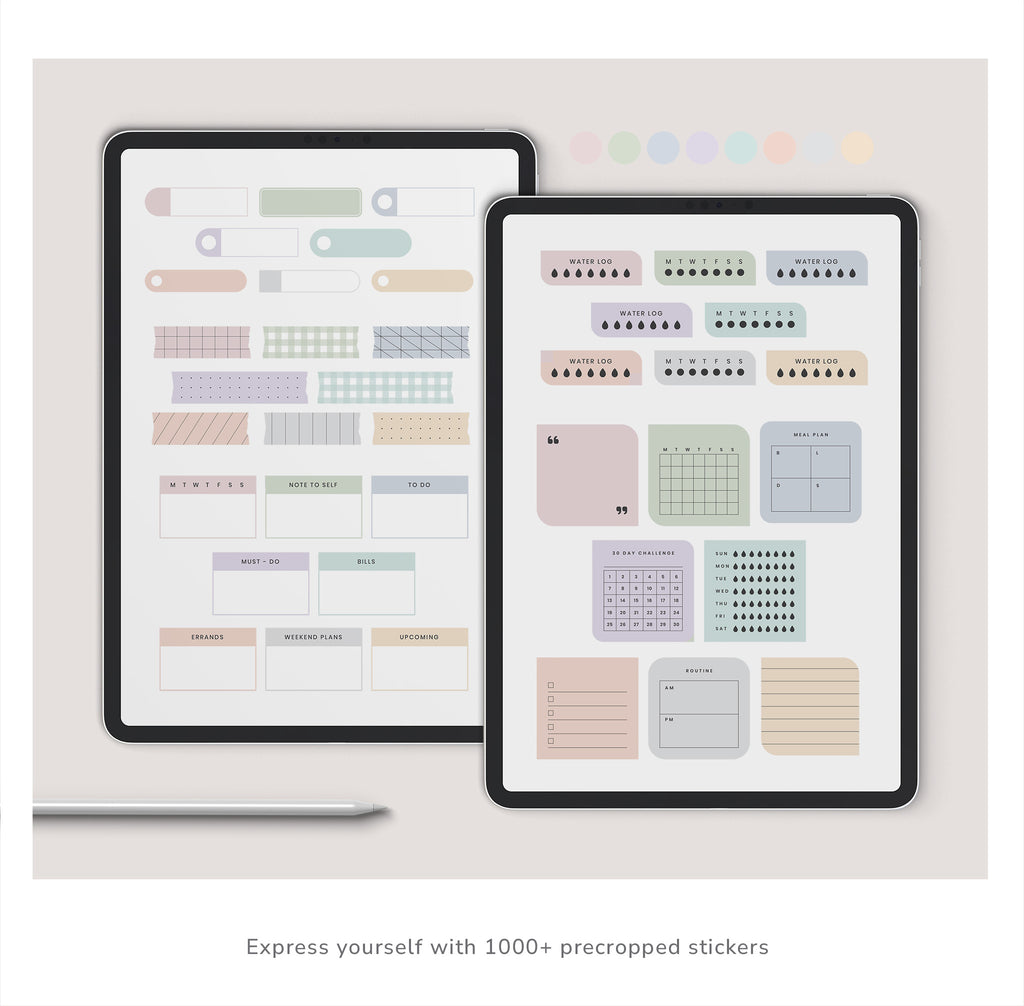 Two tablets displaying digital planner stickers with various designs on a light gray background.