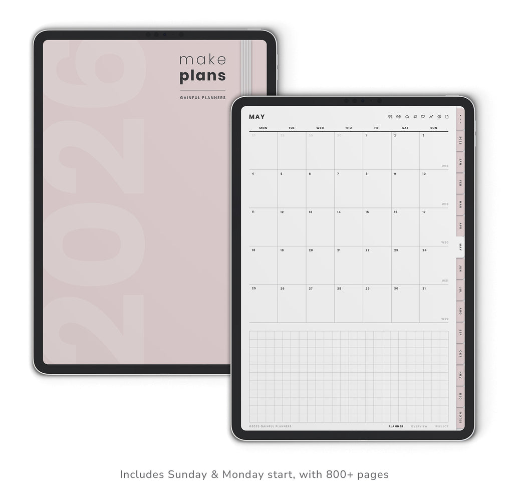 Two planners with one showing a calendar layout and the other with 'make plans' text on a white background.