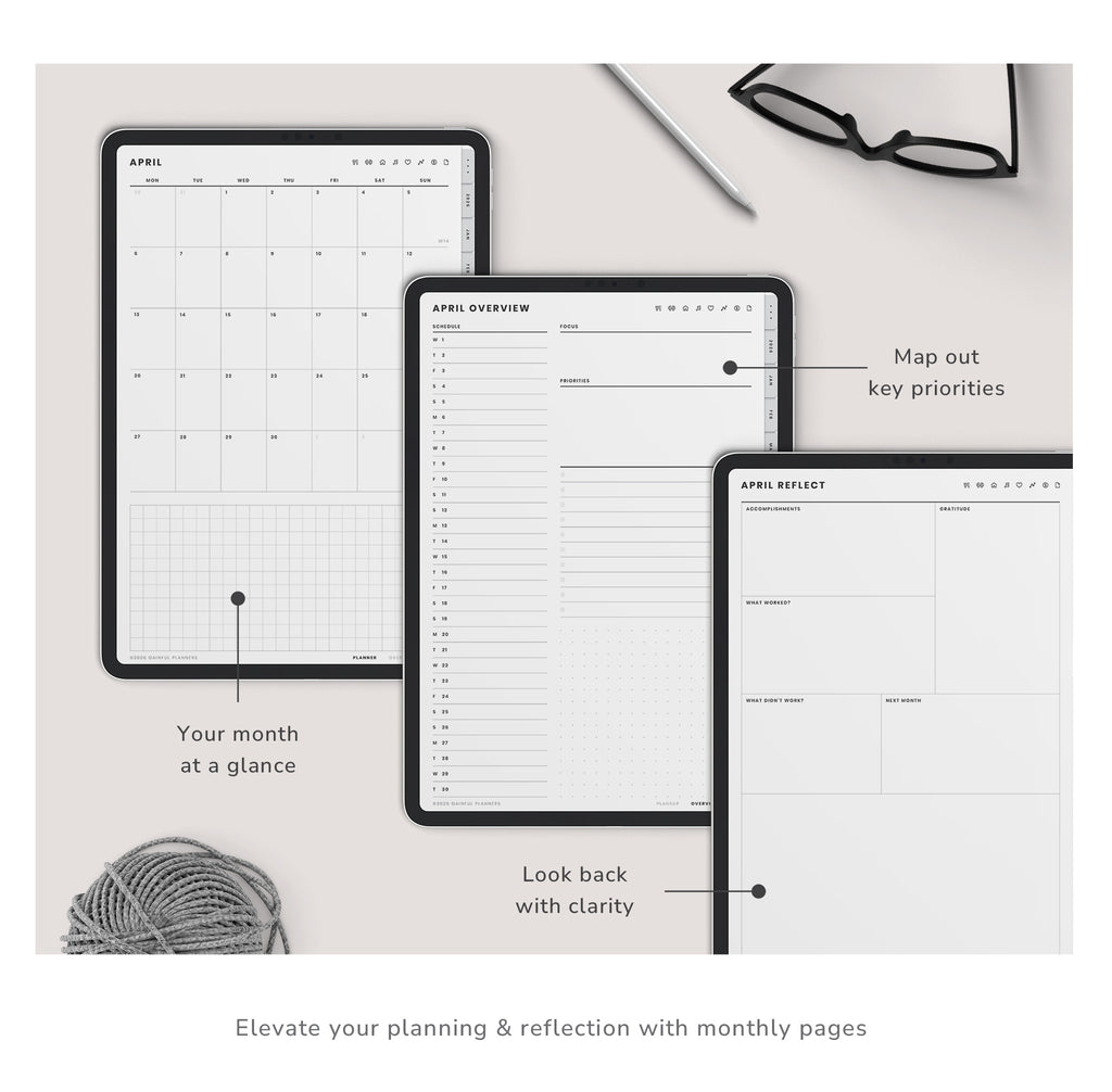 Three monthly planner pages displayed on a surface with text indicating features and uses.